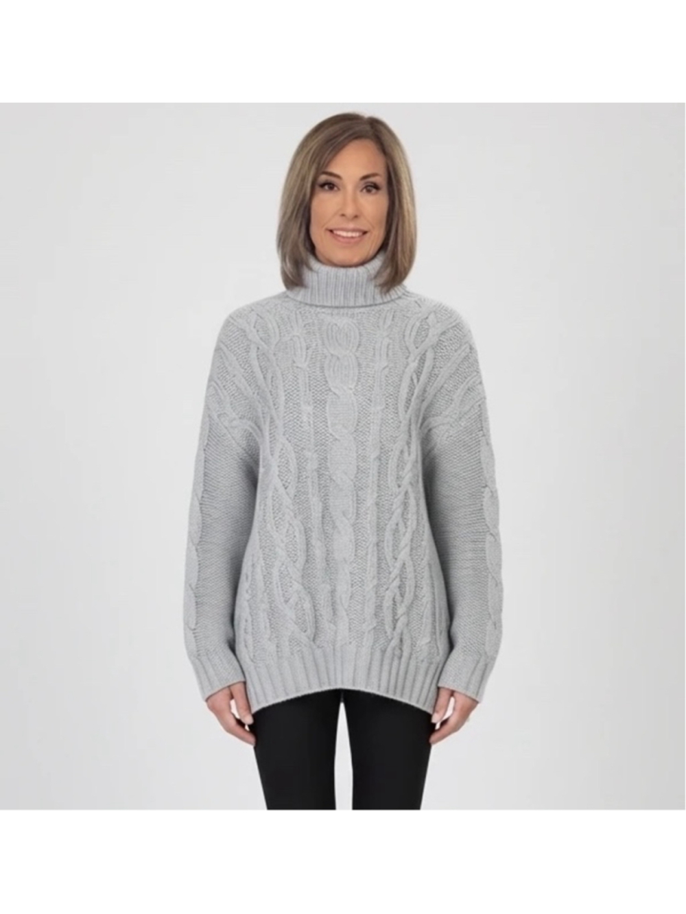 Marina Moscone Oversized Cable Knit Turtleneck Sweater Gray XL